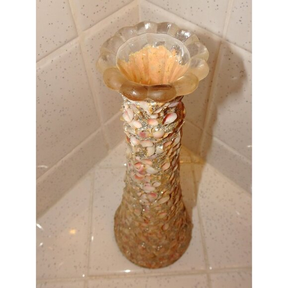 Vintage Florida Souvenir Tiny Shells Encrusted Covered Flower Glass Vase glitter - Picture 14 of 14